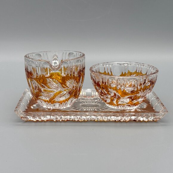 Walther Glas Germany Amber Etched Glass Cream and Sugar Set with Tray - Picture 2 of 8